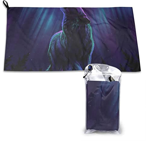 AROONS Schnell trocknendes Handtuch mit Tasche – Wölfe Eule im Norden Lichter, bedruckt, super saugfähig, Mikrofaser, Reise-Sporthandtücher, 80 x 40 cm