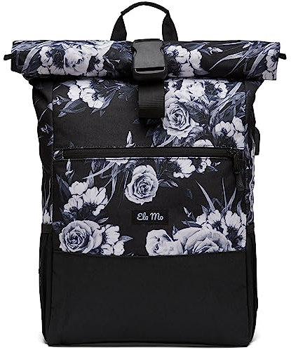 Ela Mo Rucksack Damen - Rolltop schön u. durchdacht - Laptop Rucksäcke für Frauen - Anti Diebstahl Tasche für Schule, Uni, Business (Nightrose)