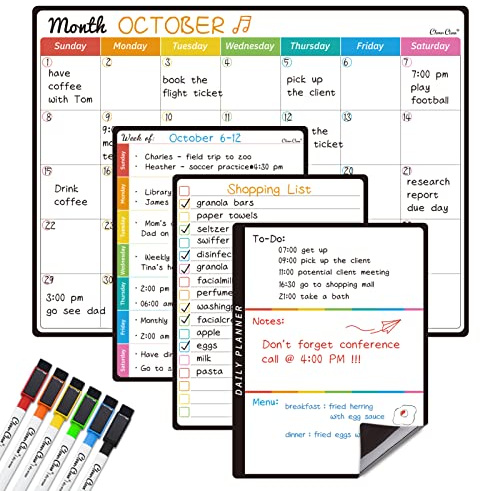 Magnetic Dry Erase Monthly Calendar Set - 14.5x11 Monthly Calendar, 6.5x8.5 Weekly, Daily, List Boards for Fridge - 6 Extra Fine Point Markers Included - Shipped Flat
