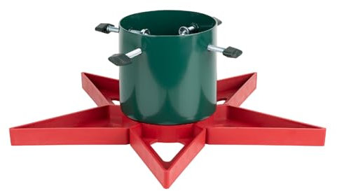 Star Design Christmas Tree Stand with Water Reservoir for Live Fir and Pine Trees, Stable Metal Base with Heavy Duty Plastic Legs, Fun and Colourful Holiday Decor, Adjustable Trunk Support-Red & Green