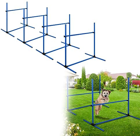 HENGMEI Agility Hürdenset Slalom Stangen Sprungstangen 4 x Hürdenset Trainingshilfe für Hunde Training Set, Trainingsstangen für konditionelles, 104x70x101cm (Blau)