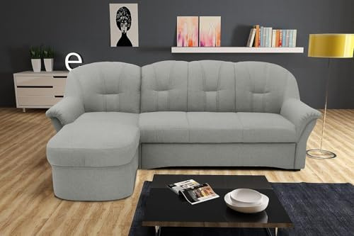 DOMO. collection Ecksofa Puno, kleines Schlafsofa in L-Form mit Longchair, Sofa, Couch, Schlafcouch, Polstermöbel, Eckcouch, 233 x 142 x 84 cm (BxTxH), silber | Longchair links mit Bettfunktion, klassisches Ecksofa in L-Form mit runden Armlehnen, 233 x 142 x 84 cm (BxTxH)