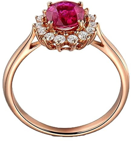 AMDXD Hochzeitsband Echt 18 Karat Rotgold, Eheringe Antragsring Blumen Rubin 1.36ct Ring Ovalschliff Rot, Diamantring, Gr.61 (19.4)