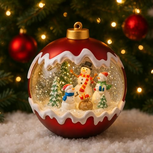 Palla Natalizia con Effetto Acqua e Luce LED Calda Fissa, Decorazione Rossa da Interno a Batteria, con Scena Innevata e Pupazzi di Neve 16cm - Varzi dal 1956