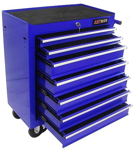 Aoile 7-Drawer Tool Chest with Rolling Multifunctional Tool Cart, Storage Organizer Cabinets with Key Locking for Garage, Warehouse, Repair Shop (Blue)