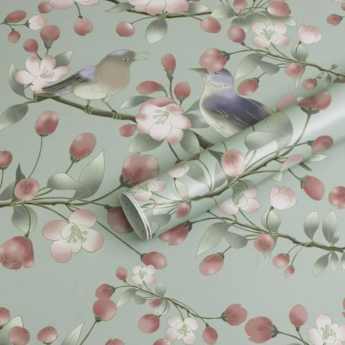 Timeet Peel and Stick Wallpaper Floral Self Adhesive Wallpaper Pink Blossom Bird Pattern 41x300cm Sticky Back Plastic Waterproof Smooth Surface Decor Vinyl Film for Bedroom Living Room Furniture DIY