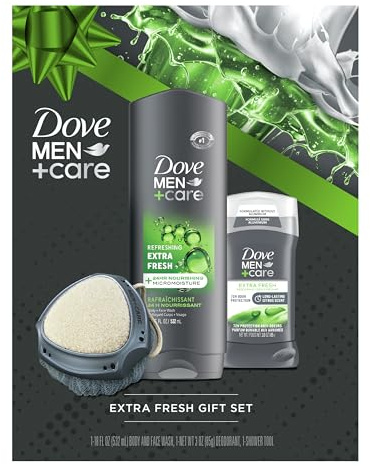 Dove Men+ Care Gift Set – Dove Face + Body Wash, Dove Antiperspirant, Refreshing Extra Fresh Scent, Dove Active Clean Dual-Sided Shower Tool, Christmas Gifts for Men (3 Piece Set)