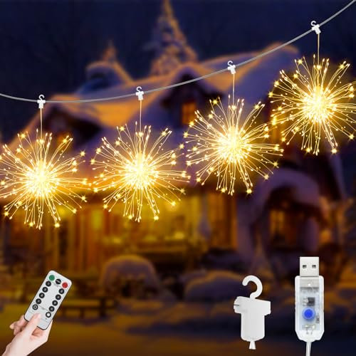 JIMACRO LED Guirnaldas de Luces, 4 * 120 LEDs Fuegos Artificiales Explosivos, USB 8 Modos Impermeable LED Luces de Fuegos Artificiales Exterior Interior para Fiesta Bodas Decoración
