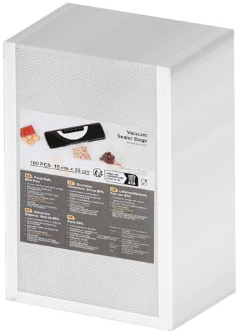 Sacchetti Sottovuoto Alimenti 100 Buste 15x25 cm, Buste Sottovuoto Alimenti per Macchina Sottovuoto e Cottura Sous Vide, Sacchetti Goffrati per Conservazione Alimenti, Senza BPA