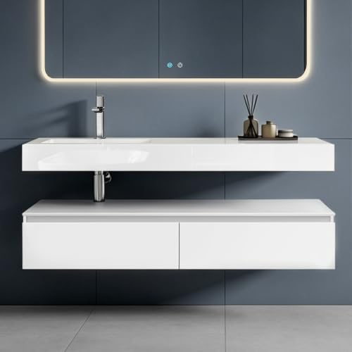 doporro Waschtisch mit Unterschrank 150x48x25cm Waschbecken Weiß matt | Wandhängendes Badmöbel-Set mit Mineralguss-Waschbecken – großzügig & pflegeleicht für moderne Bäder UP