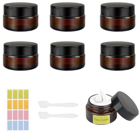 20ml Amber Glass Jars, 6 Pack Empty Cosmetic Jars with Lids,Travel Pots with Spatula and Labels for Toiletries, Cosmetics,Powder,Lotion,Creams