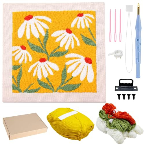 Allazone Punch Needle Stickerei Set für Anfänger, Rahmen Stanznadel Stickerei Starter Kit, Quadratisch Punch Needle mit Blumenmuster, Stickrahmen, Garne, Stanznadel (Orange und Weiß)