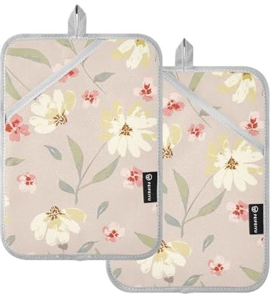 ZRWLUCKY Presina resistente al calore con fiori beige shabby chic presine con tasca cucina caldo pad set guanti da forno 2 pezzi