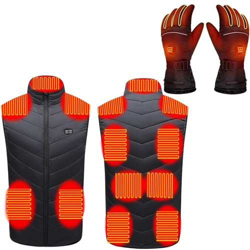 2025 Beheizbare Weste Herren Damen mit Beheizbare Handschuhe 2-teilig, USB Elektrische Heizweste und Beheizte Handschuhe Set mit 3 Einstellbar Temperatur Wärmende Beheizte Weste für Outdoorarbeiten
