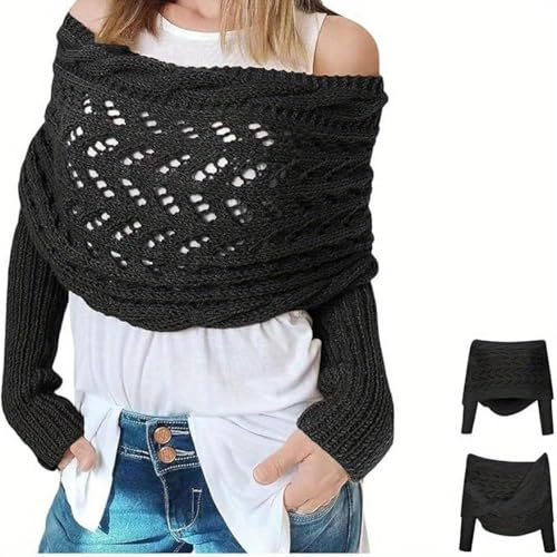 Yuepaikre 280cmMultifunktionaler Schal mit Ärmeln für Damen, Gestrickter Polyesterfaser Zopfmusterschal, Boho Pashmina Schal Damen, Warmgestrickt cape damen (Schwarz)