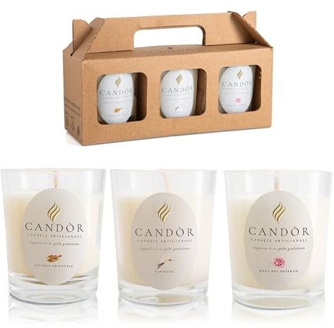 CANDÒR Set Candele Profumate Naturali in Cera di Soia Artigianali Made in Italy - 3 Piccole Candele Bianche in Vasetti di Vetro con Confezione Regalo San Valentino - Misto