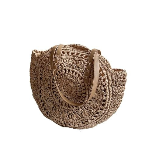 WJIAYAO Tasche Geflochten Runde Strohtasche for den Sommer, hohl gewebt, for Reisen und Strand, große Kapazität, Umhängetasche, lässige Einkaufstasche(Khaki)