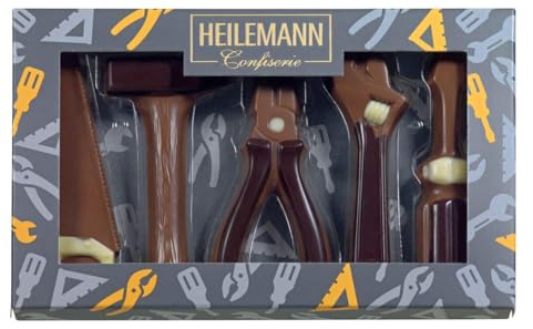 Heilemann Schoko Geschenkverpackung Werkzeuge Edelvollmilch 100g | aus cremiger Vollmilchschokolade, liebevoll verziert mit weißer und Zartbitterschokolade, Perfekt als Geburtstagsgeschenk
