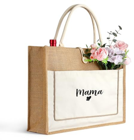 KOYILTD Jute-Tasche Mama Geschenk,Jute Shopper Bag mit Herz Jute Einkaufstasche personalisiert Jutebeutel als Geburtstagsgeschenk, Geschenk für Mutter zum Geburtstag, Weihnachten