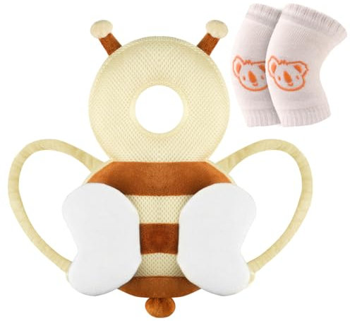 Vicloon Baby Kopfschutz, Verstellbare Schutzkissen Baby, Atmungsaktive Baby Head Schutzpolster für Kinder 4-24 Monate, Einstellbare Säugling Kissen Rucksack mit Knieschützer (Beige Biene)