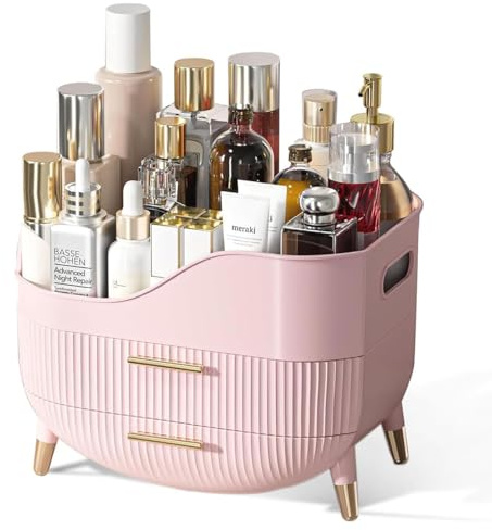 Kousee Makeup Organizer with Drawers,Skincare Organizer for Vanity,Storage Box with Handle,Large Cosmetic Display case for Dresser, Bathroom Countertop (Pink)
