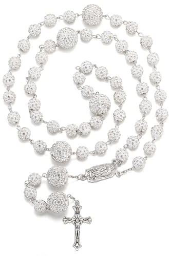 RWQIAN Rosario Perline Donne Cattoliche Uomo,Rosario Bling Perline Collana con Croce Pendente Prima Santa Comunione Battesimo Regalo per Ragazze Ragazzi