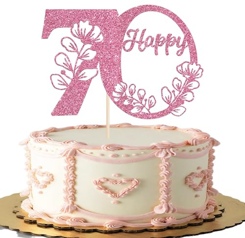 Xsstarmi 1 Pack Happy 70th Birthday Cake Topper Pink Glitter 70 Cake Pick Cheers to 70 Birthday Cake Decorations for Happy 70th Anniversary Party Cake Decoration Supplies