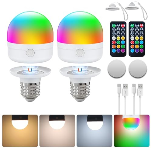 I-SHUNFA Bombilla Recargable USB-C Con Mando A Distancia, Bombillas LED E27 7W, Bombilla Recargable CCTRGB Regulable Con Temporizador Y Batería, Luz De Emergencia de 2000mAh Con Magnético, Pack de 2