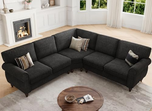 ONBRILL 101 L Shaped Couch, Sectional Corner Sofa with Rolled Arms, 5 Seater Chenille Fabric Couch w/Springs Seat Cushion, Wooden Legs, Comfy Oversized Sofa for Living Room, Apartment, Black