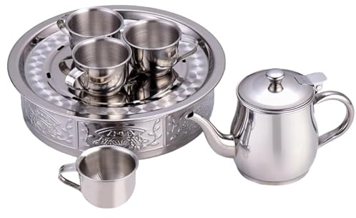Small Stainless Steel Tea Set,Teapot Cups and Tray for Kids - 70ml Cups, Long Spout Teapot with Filter Screen for Gathering Travel Home Beginners Picnic Camping RV