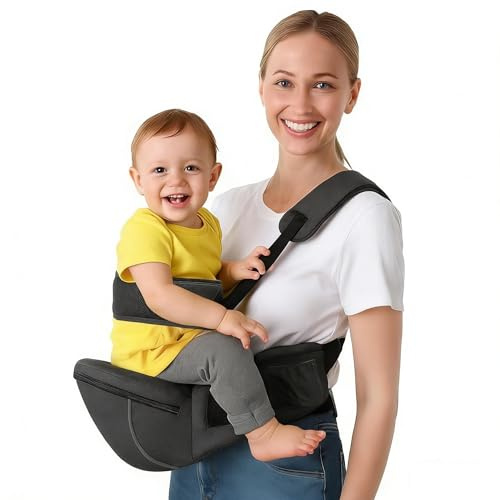 Babytrage mit Hüftsitz Verstellbarer Hüftgurt, Sicherheitsgurt und Aufbewahrungstaschen Abnehmbarer Schultergurt Zusammenklappbares Design für Neugeborene und Kleinkinder Bequem und kompakt (schwarz)