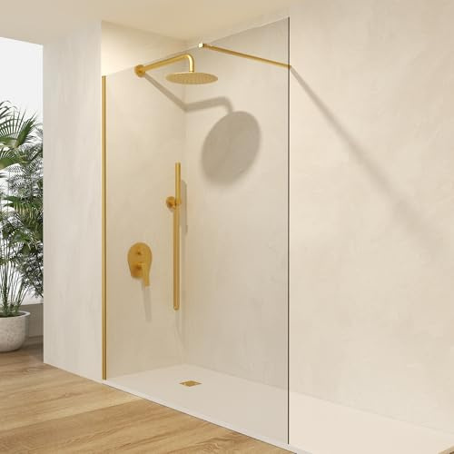 IMEX - Mampara Ducha Fija Dorada 100cm Frontal con Brazo de Sujeción | Mampara de Cristal Antical y Perfilería de Aluminio con 200cm de Altura | Vidrio con Grosor 8mm y Sistema de Montaje Fácil