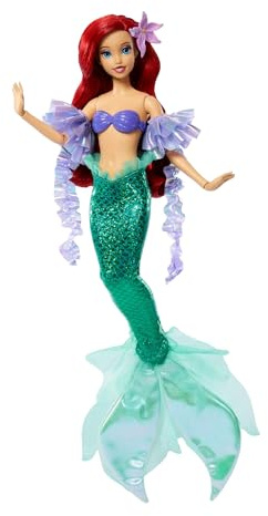 Mattel Disney Sparkling Princess Ariel i sjöjungfrustil, modedocka med tillbehör som avtagbar sjöjungfrustjärt, ärmar och blomma i håret, inspirerat av filmen, JLK25