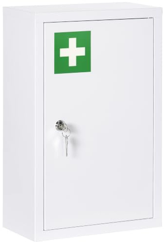 kleankin Armadietto Farmaci a Parete 3 Ripiani 30x14x46 cm Bianco | 2 Chiavi di Sicurezza, Armadietto Porta Medicinali in Acciaio