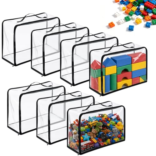 ZYNERY 7 Pcs Toy Storage Bags with Handle, Extra Large Clear PVC Organiser Bags with Zipper, Waterproof Storage Bags for Building Blocks, Puzzles, Board Games, Kids Books