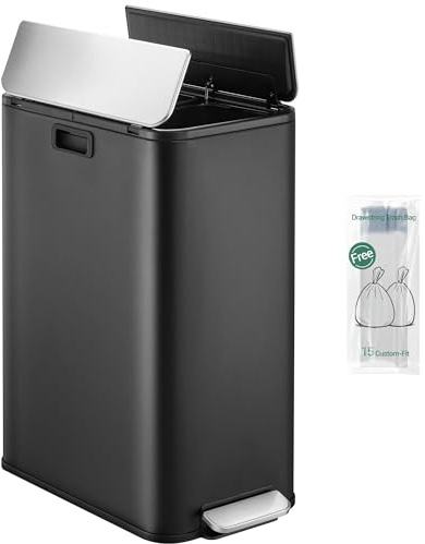 Hzuaneri Kitchen Bin, 56L (2 × 28L) Recycling Bins for Kitchen, Black | Pedal Bin with Soft-Close Lid, Stainless Steel Bins with Removable Inner Buckets, SW22899B