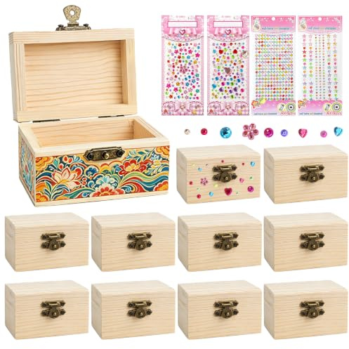 12 Stück Naturbelassene Kleine Holzkiste, 5*5*9cm Mini Schatzkiste aus Holz zum Bemalen mit Diamantaufkleber, Holzbox mit Deckel Kasten, Holztruhen für Schmuckkästchen Selber Gestalten Basteln Hobbys