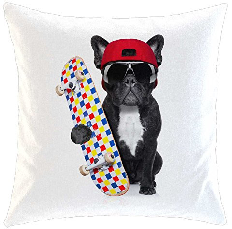 Kissen/weiches Kuschelkissen mit Füllung 40x40cm - Motiv: Französische Bulldogge mit Skateboard, Sonnenbrille und Schutzhelm | 034