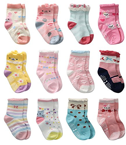 12 Paires de Chaussettes Bébé Filles Antidérapantes non Dérapant et Tout-petits Filles, Chaussettes Nouveau-nées en Coton Bambin Fille (12 paires, 12-36 mois)
