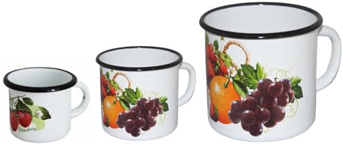 rukauf 3er Emaille Tassen Becher Set 0,25 L Ø ca.7cm + 0,4 L Ø ca.9cm +1L Ø ca. 12cm mit Motiv emailliert Retro Nostalgie Geschirr