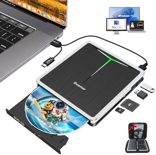 Guamar External DVD Drive for PC: USB-C CD Burner Player for Laptop Mac Windows 11 with SD/TF Slot/2 USB Ports/Carrying Case Read Write Music/Movie/Photo Portable Plug & Play