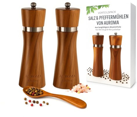 AUROMA Salz & Pfeffermühlen Set aus hochwertigem Akazienholz gefertigt | Modernes Design | Geschenkidee | Gewürzmühlen für Salz, Pfeffer, Chili & alle Arten von Kräutern | Keramikmahlwerk (16,5 cm)