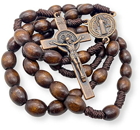 Nazareth Store St. Benedict Solid Wood Rosary Necklace Dark Wooden Beads Catholic Prayer Saint Medal with Bronze Metal Cross