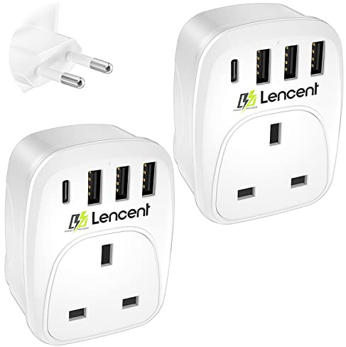 LENCENT 2 Packs UK to EU Plug Adapter with 3 USB ＆ 1 USB C Port, Type C/E/F | Euro Europe European Travel Adapter for Italy Switzerland Germany Spain France Portugal Greece Netherlands and more