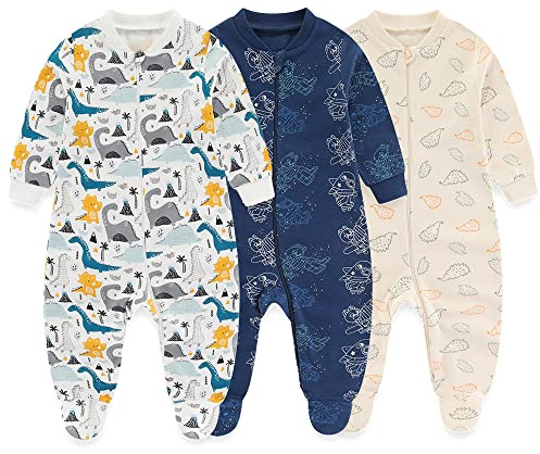 Newborn Baby Boys Footed one-Piece Sleepsuit 3 Pack 2-way Zip Pajamas for Play and Sleep,3-6 Months