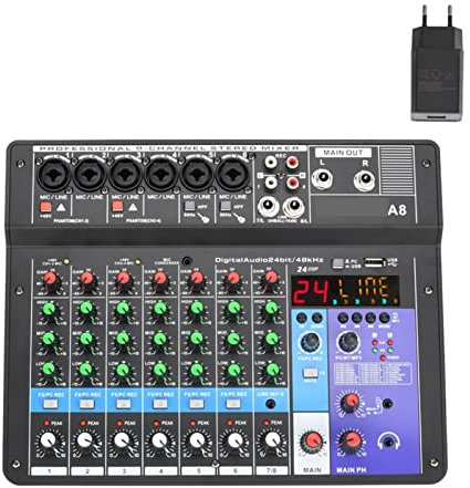 LERORA Attrezzatura per DJ per Feste Portable Mixing Console 4/6/8 Channel Bluetooth Soundcard USB Play Record PC Playback Mini Audio Mixer Broadcast Podcast NA4(A8)