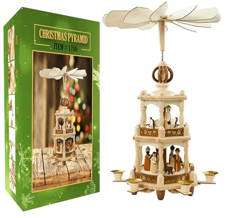 USA SUPREME German Style Christmas Pyramid Carousel Decoration – 17.5 Inches - Wood Nativity Scene Set -Table Top Holiday Decor - 6 Candle Holders - of German Design.
