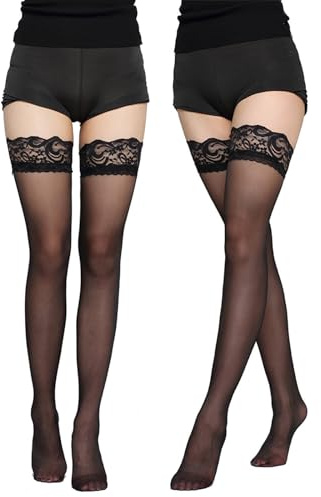 Xumann 2 Pairs Hold Up Stockings for Women Black Hold Ups Thigh High Silk Stocking Lingerie Sexy