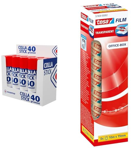 Osama S.p.A. Ow 14023 Klebestift, 40 Gramm Classic, 10er pack & tesafilm transparent - Transparentes Klebeband mit starker Haftung - alterungsbeständig und reißfest - 10 m x 19 mm - 8er Pack