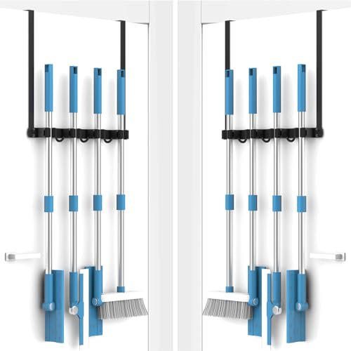 LOVZEN Soporte para escoba sobre la puerta, soporte para fregona y escoba, montaje en pared o para colgar sobre la puerta con ganchos, colgador de escobas, almacenamiento de escobas, organizador de